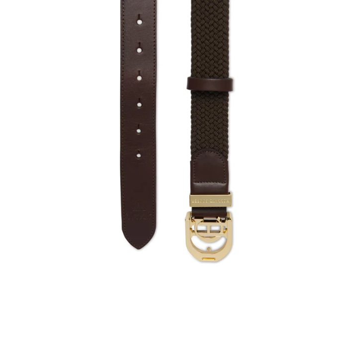 Holland Cooper Stirrup Heritage Belt Variant Colour Chocolate. A brown belt with CH gold buckle on white background. 