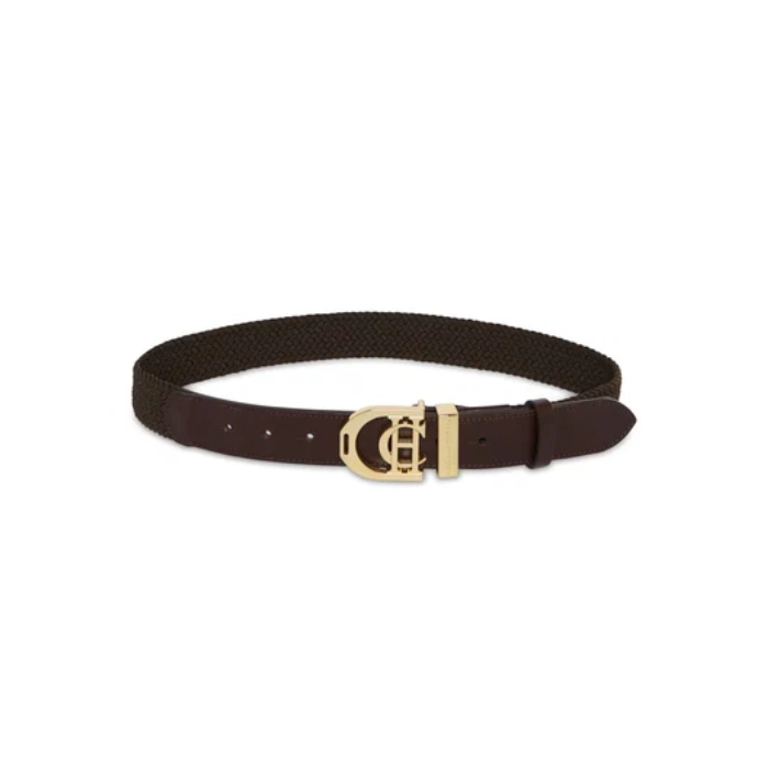Holland Cooper Stirrup Heritage Belt Variant Colour Chocolate. A brown belt with CH gold buckle on white background. 
