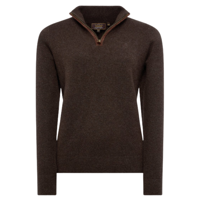 Holland Cooper Country Quarter Zip Knit Variant Colour Chocolate.
A dark brown quarter-zip knit sweater with a stand collar and subtle tan contrast stitching, shown on a plain white background.