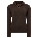 Holland Cooper Country Quarter Zip Knit Variant Colour Chocolate.
A dark brown quarter-zip knit sweater with a stand collar and subtle tan contrast stitching, shown on a plain white background.