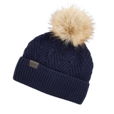 LeMieux AW26 Clara Knit Beanie Navy One Size Variant Colour Navy.
A navy blue cable-knit beanie with a large beige faux fur pom-pom and a small dark brown leather brand patch on the cuff, shown on a plain white background.
