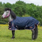 Pony wearing a Navy rug with red detailing and a pink head collar in a outdoor setting. 