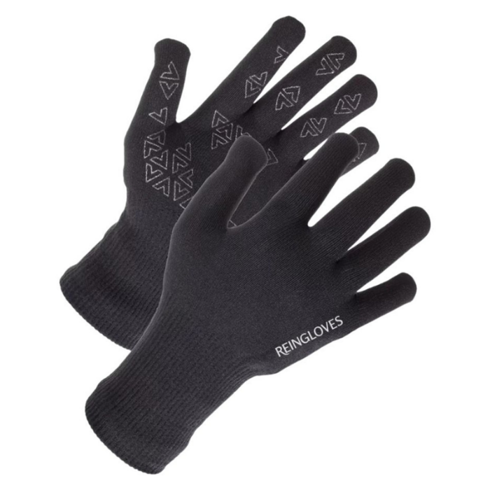 A pair of Black riding gloves with 'REINGLOVES' branding against a white background. 