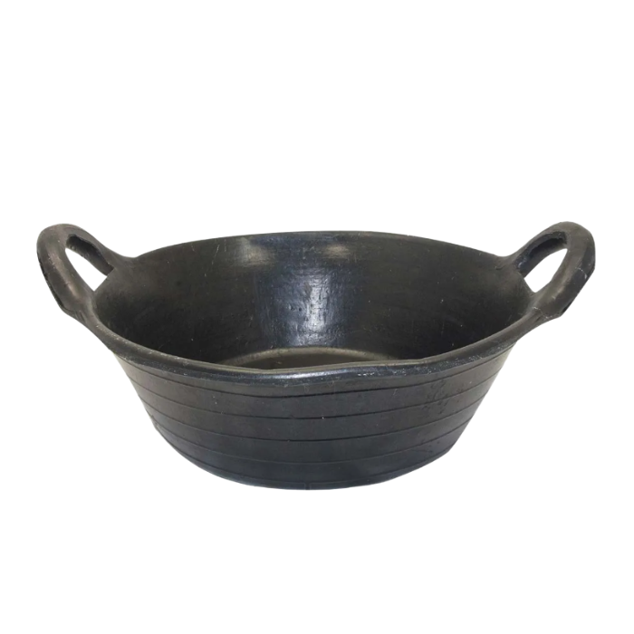 Black rubber feed skip with two handles.