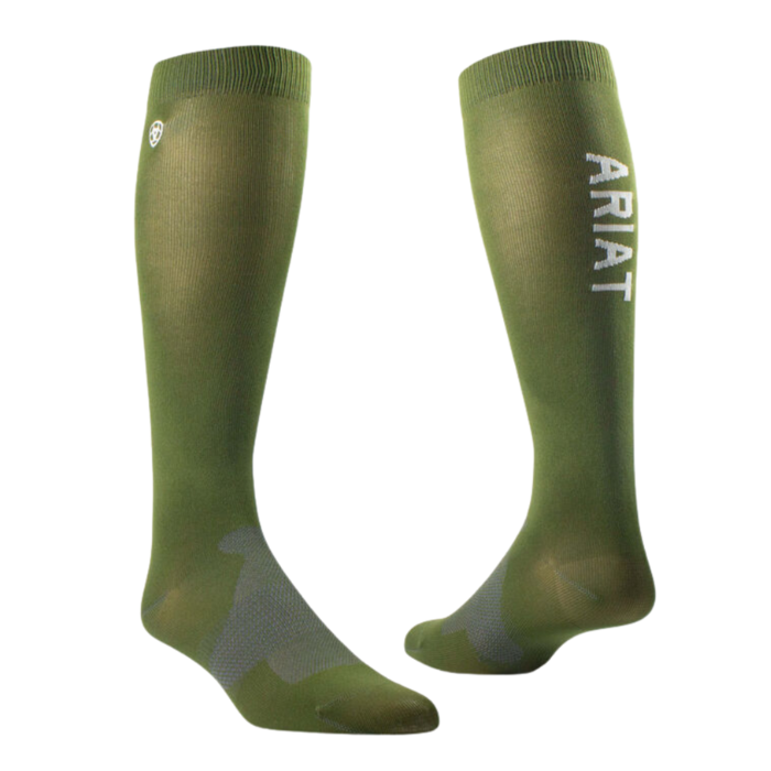 AriatTEK Essential Performance Socks Variant Olive. Long Olive Green socks with a white Ariat logo down the back. 
