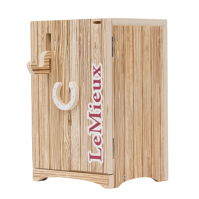 Toy Pony wooden tack locker with a hiif shaped handle and 'LeMieux' branding.