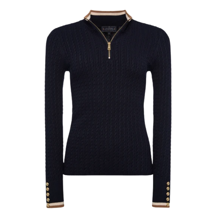 Holland Cooper Zoe Quarter Zip Knit Variant Colour Ink Navy.
A dark navy ribbed knit half-zip sweater with a gold quarter zip and gold buttons on cuffs on white background