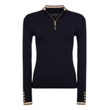 Holland Cooper Zoe Quarter Zip Knit Variant Colour Ink Navy.
A dark navy ribbed knit half-zip sweater with a gold quarter zip and gold buttons on cuffs on white background