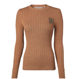 Holland Cooper Princeton Crew Neck Knit Variant Colour Dark Camel.
A camel colour long-sleeve knit sweater with a small gold embroidered logo on the left chest,