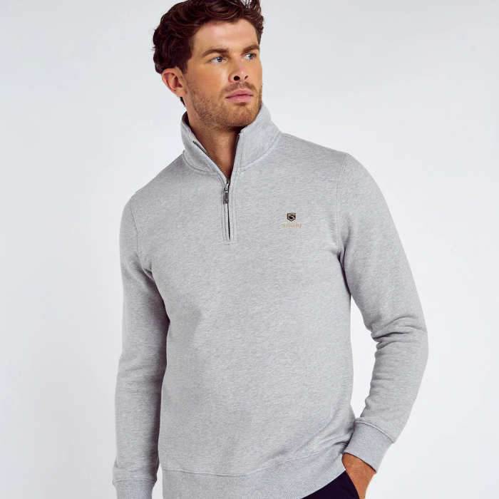 Man wears a grey zipped sweatshirt against a light grey background