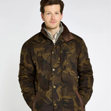 Man wearing a camouflage jacket on a white background