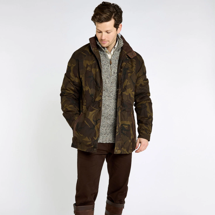 Man wearing a camouflage jacket on a white background