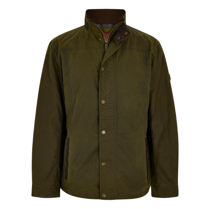 Green jacket with brown collar on a white background