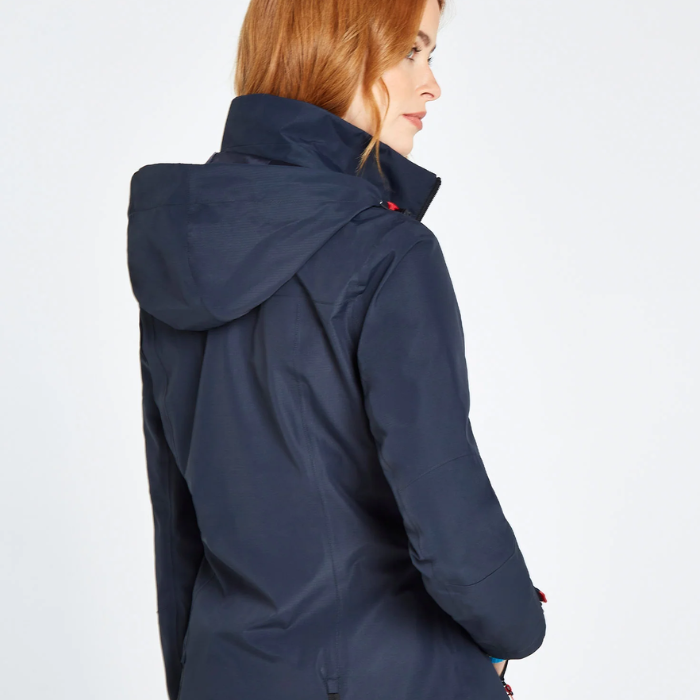 Reverse detail and hood on the Dubarry Ladies Capeclear Waterproof Jacket in Navy