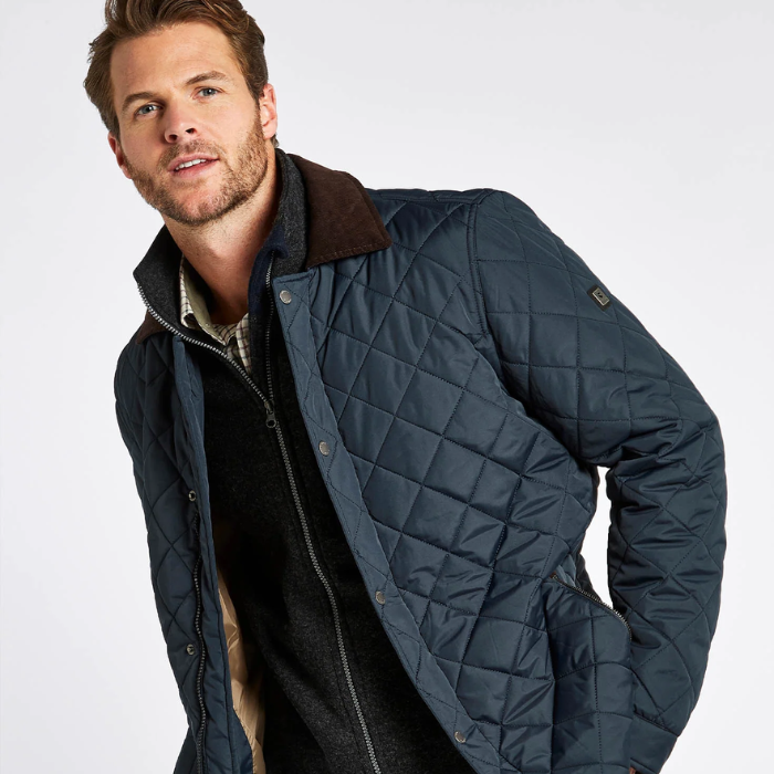 Man Wears Dubarry Mens Mountusher Quilted Jacket in Navy | Eland Lodge