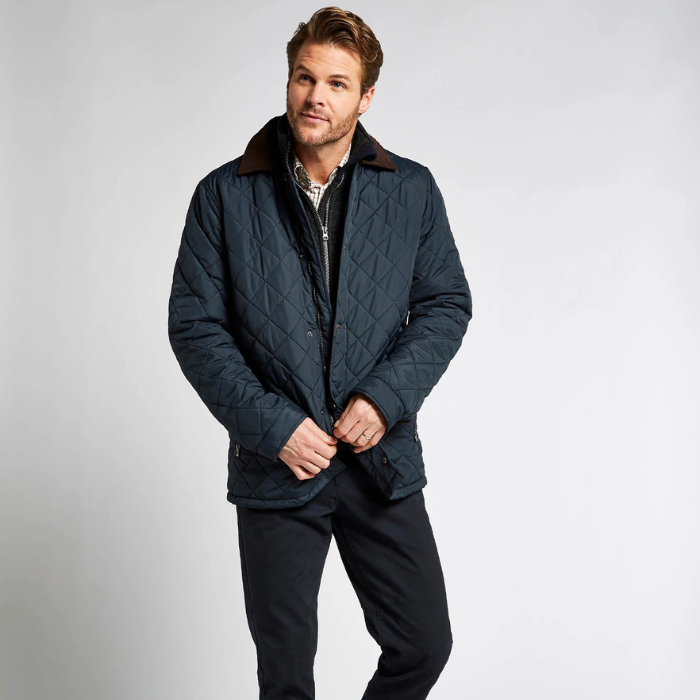Man Wears Dubarry Mens Mountusher Quilted Jacket in Navy | Eland Lodge