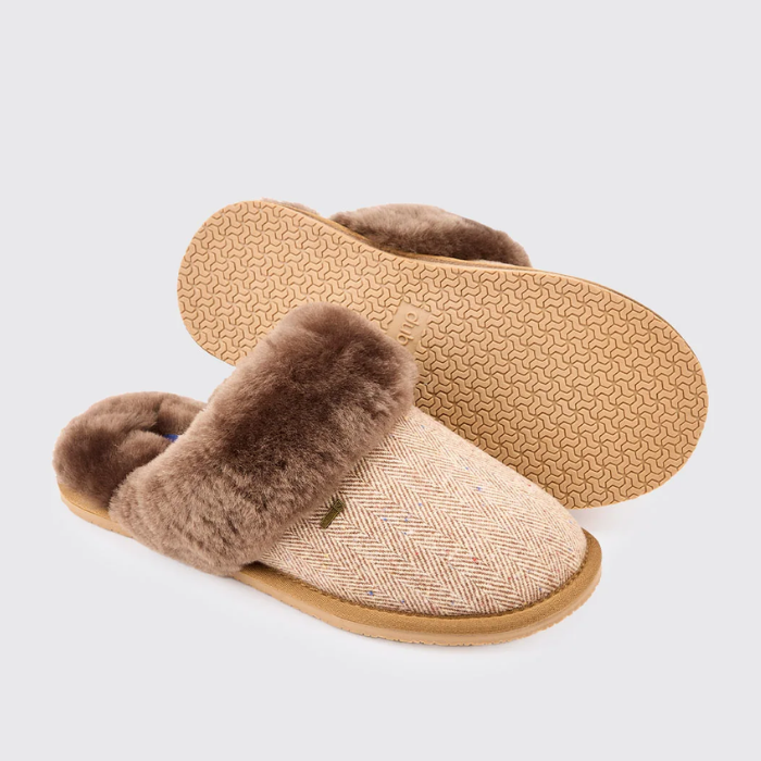 Pair of slippers with fur trim on a light grey background