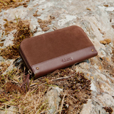 Brown leather wallet on a rocky surface