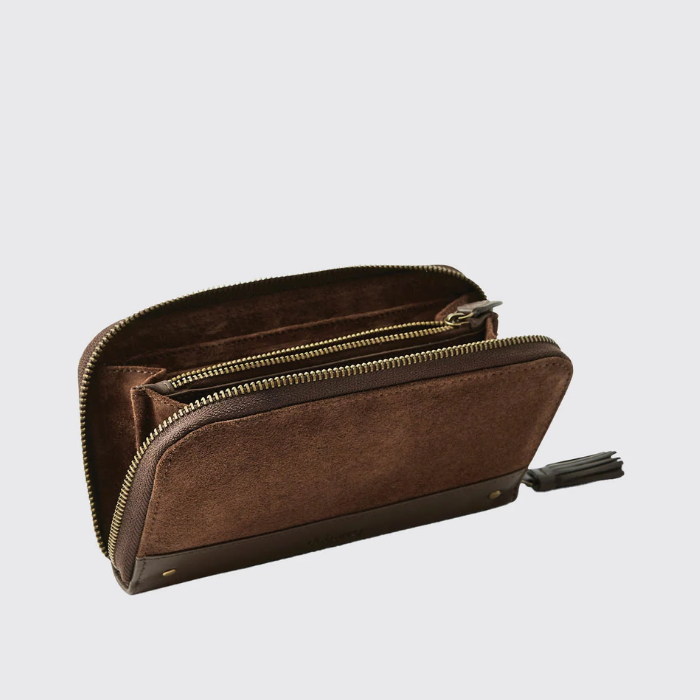 Brown leather wallet with a zipper on a light grey background