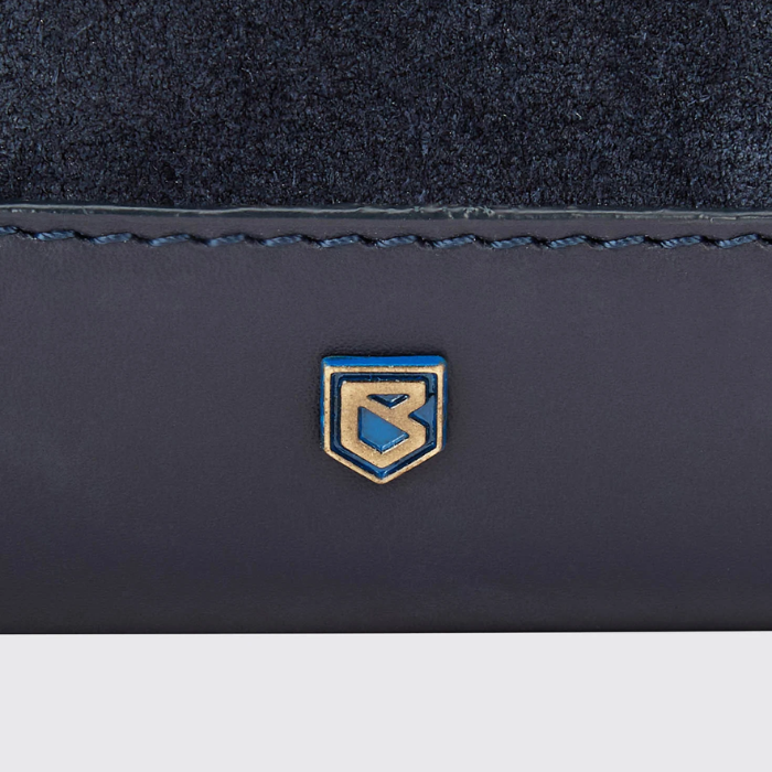 Navy blue fabric with a gold and blue logo on a white background