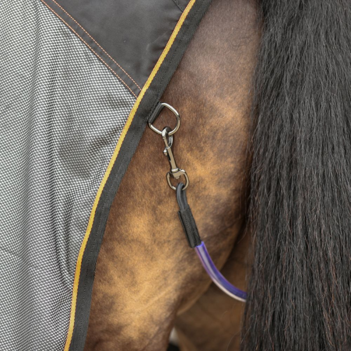 Close-up of a horse's tail with a clip and fillet string
