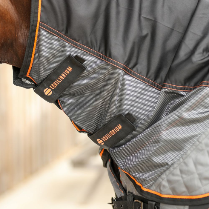 Close-up of a horse wearing a grey and black rug with orange accents, featuring the 'Equilibrium' brand.