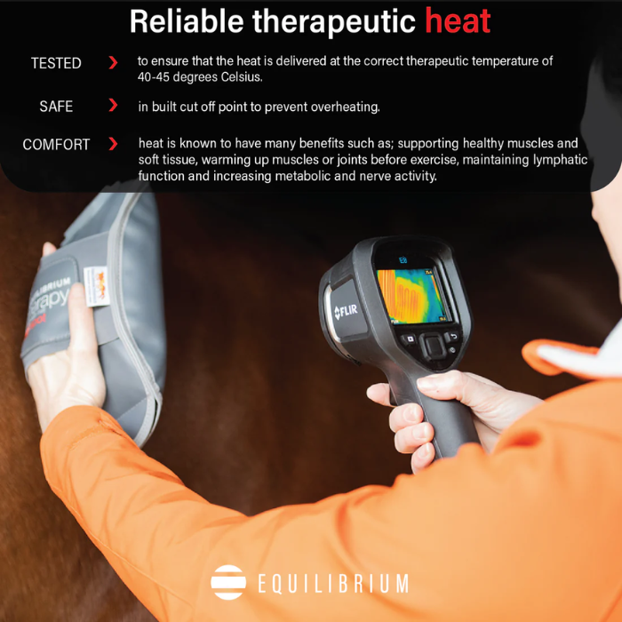Person using a heat therapy device with text about reliable therapeutic heat.