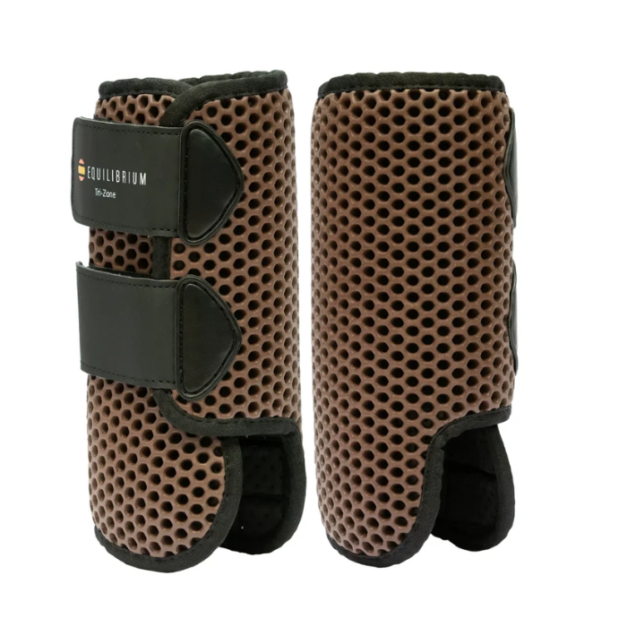 Brown protective horse boot with perforated surface and Equilibrium logo on a white background