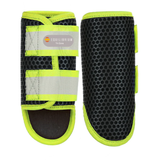 Pair of black and neon yellow protective equestrian leg boots with 'Equilibrium' branding on a white background.