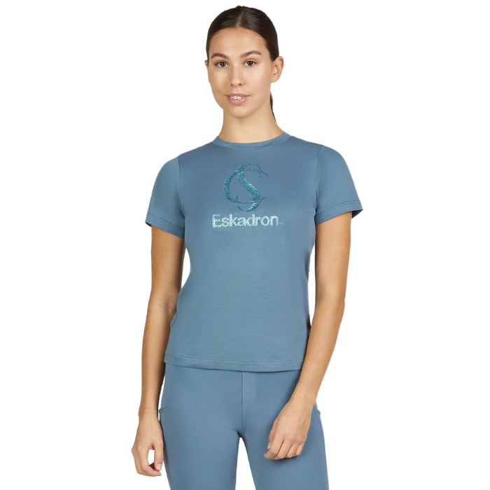 Woman Wears Eskadron Classic Sports T-shirt in Steel Blue