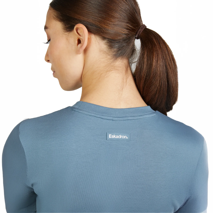 Close Up Detail Woman Wears Eskadron Classic Sports T-shirt in Steel Blue