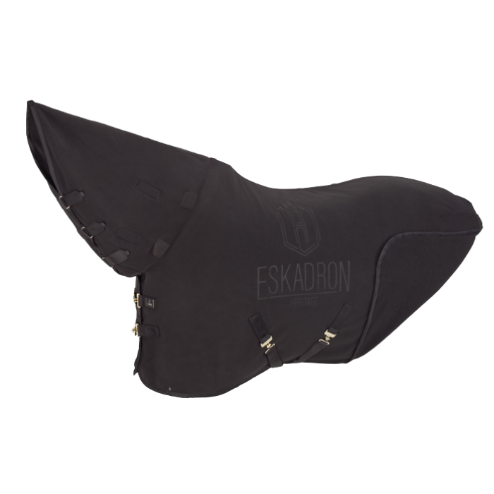 Black horse rug with 'Eskadron' branding on a white background