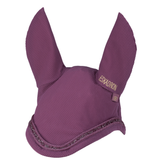 Purple equestrian ear bonnet with mesh design on a white background