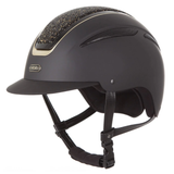 Black riding hat with gold crystal section and evoke branding on a white background