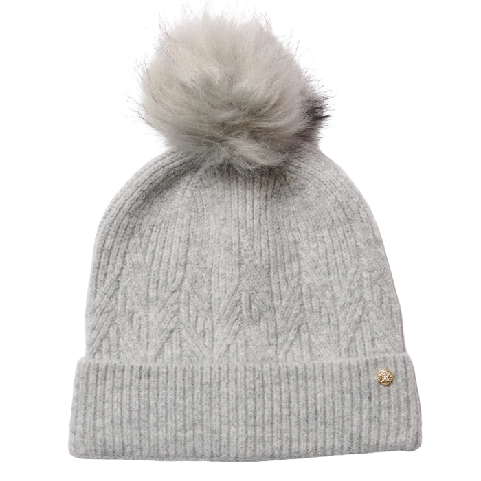 Grey beanie hat with a pom pom on a white background