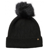 Black beanie hat with a pom pom on a white background