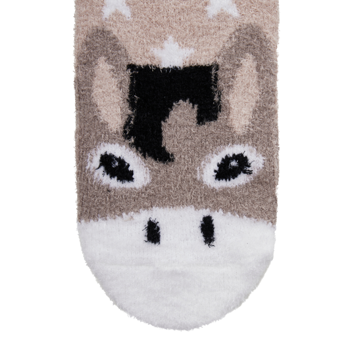 LeMieux AW26 Fluffy Character Socks Donkey Variant Colour Beige.
A close-up of a plush, fuzzy novelty sock shaped like a donkey's face, featuring a beige and brown body with a white muzzle and black details, set against a plain white background.