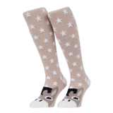 LeMieux AW26 Fluffy Character Socks Donkey Variant Colour Beige.
A pair of beige knit socks with a white star pattern and cartoon donkey faces at the toes, shown against a plain white background.