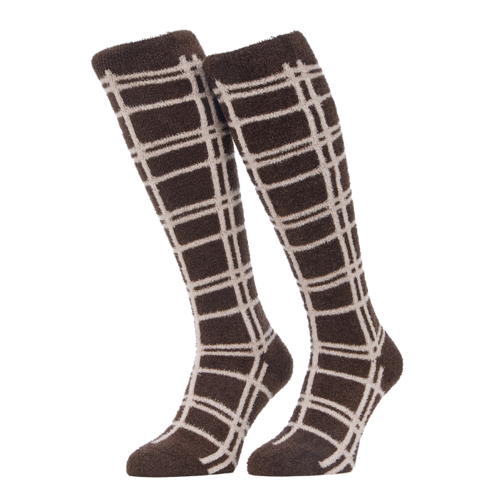 LeMieux AW26 Heritage Check Fluffies Variant Colour Cocoa.
A pair of plush, knee-high socks in a dark brown color with a cream-colored windowpane plaid pattern, shown against a plain white background.