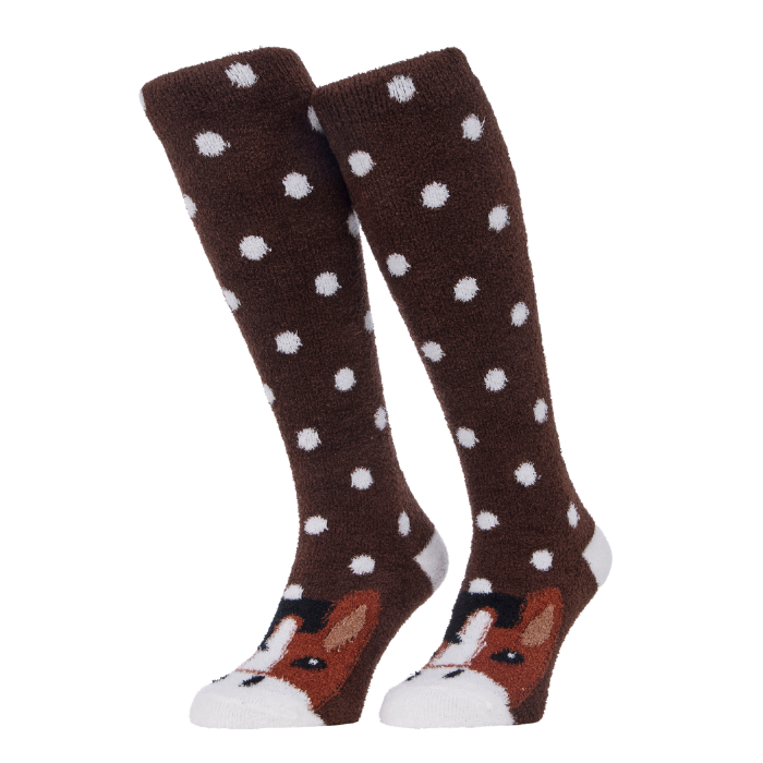 LeMieux AW26 Fluffy Character Socks Titan Variant Colour Brown.
A pair of brown fuzzy knee-high socks with white polka dots and a dog face design on the toes, shown against a plain white background.