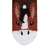 LeMieux AW26 Fluffy Character Socks Titan Variant Colour Brown.
A close-up of a single fuzzy sock with a stylized horse face design in brown, white, black, and tan on a plain white background.