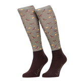 LeMieux AW26 Footsie Socks Clydesdale Variant Colour Clydesdale/Willow.
A pair of LeMieux knee-high socks featuring a brown and white horse pattern on a taupe background, with dark brown ribbed cuffs and toes. The brand name 'LeMieux' is printed in gold on the soles.