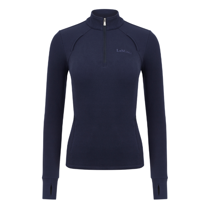 LeMieux AW26 Frances Quarter Zip Fleece Varient Navy. A navy blue long-sleeve quarter-zip pullover top with a mock neck collar and a small embroidered LeMieux logo on the left chest, displayed on a clean white background.