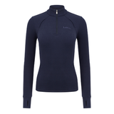 LeMieux AW26 Frances Quarter Zip Fleece Varient Navy. A navy blue long-sleeve quarter-zip pullover top with a mock neck collar and a small embroidered LeMieux logo on the left chest, displayed on a clean white background.