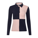 LeMieux AW26 Harlequin Rugby Shirt Base Layer Varient Petal/Navy. A women's long-sleeve polo shirt by LeMieux, featuring a color-blocked design with dark navy sleeves and collar, and a light pink body. A subtle tonal embroidered crest is visible on the left chest.