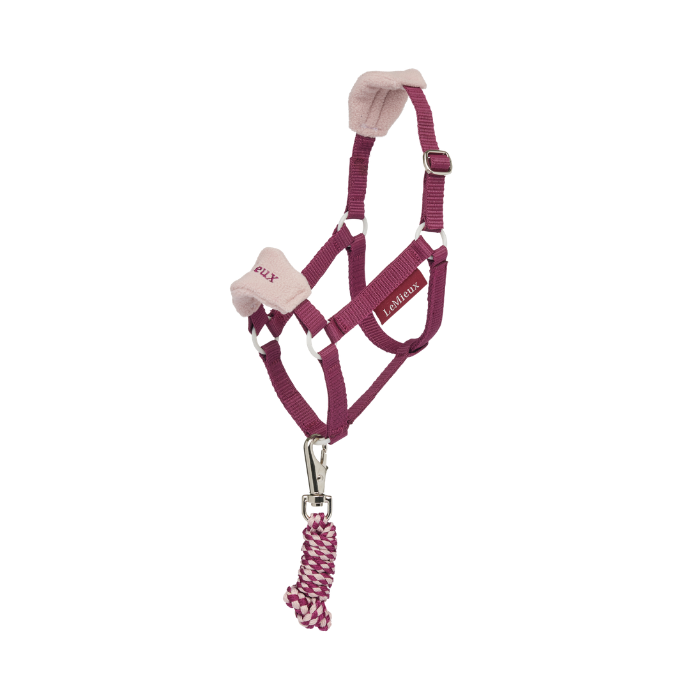 LeMieux AW26 Hobby Horse Vogue Headcollar & Leadrope Variant Colour Blackberry. Toy horse headcollar and lead rope with faux fur @LeMieux' Brand on white background.