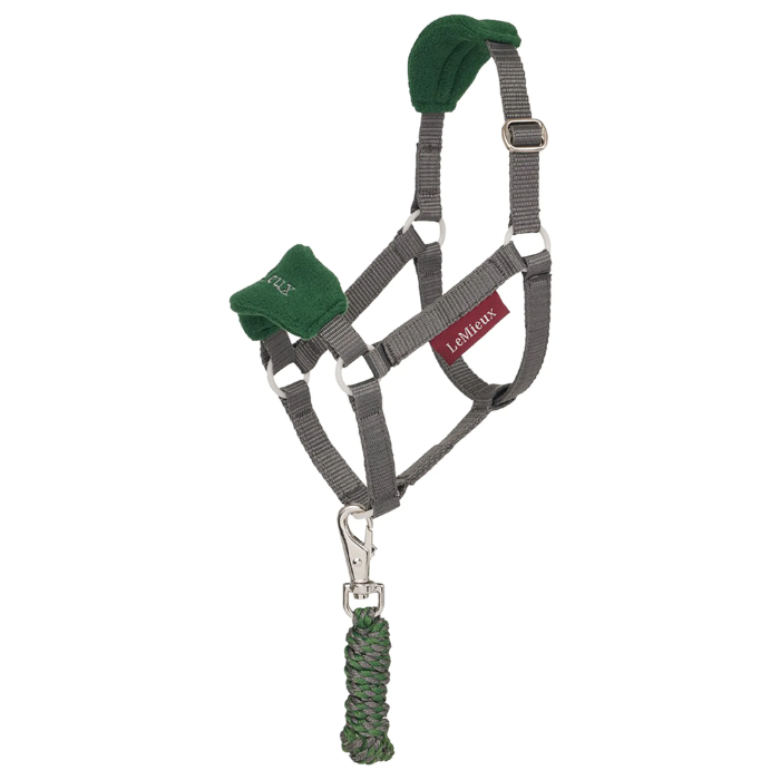 LeMieux AW26 Hobby Horse Vogue Headcollar & Leadrope Variant Colour Hunter Green. Toy horse headcollar and lead rope with faux fur @LeMieux' Brand on white background.