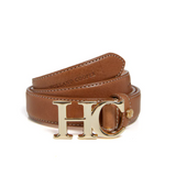 Brown leather belt with gold 'HC' buckle on a white background