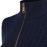 Navy blue cable knit jumper with a gold zipper on a white background