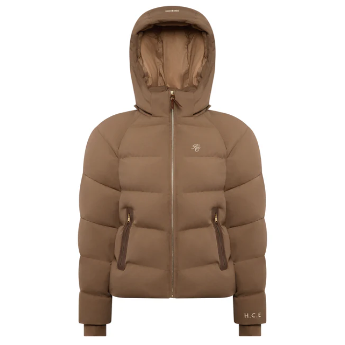 Brown puffer jacket with a hood on a white background